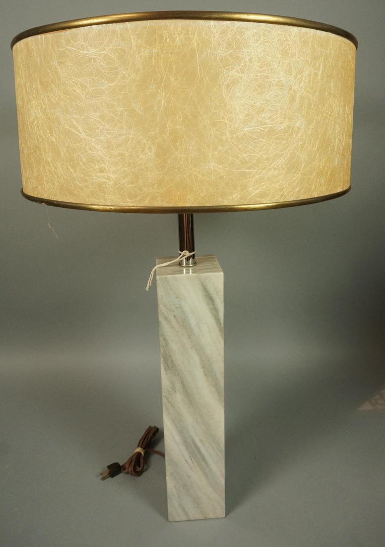 Tall Gray Marble Square Column Table Lamp. HANSEN: Tall Gray Marble Square Column Table Lamp. HANSEN style. Chrome mounts and hardware. -- Dimensions: H: 30.75 inches ---