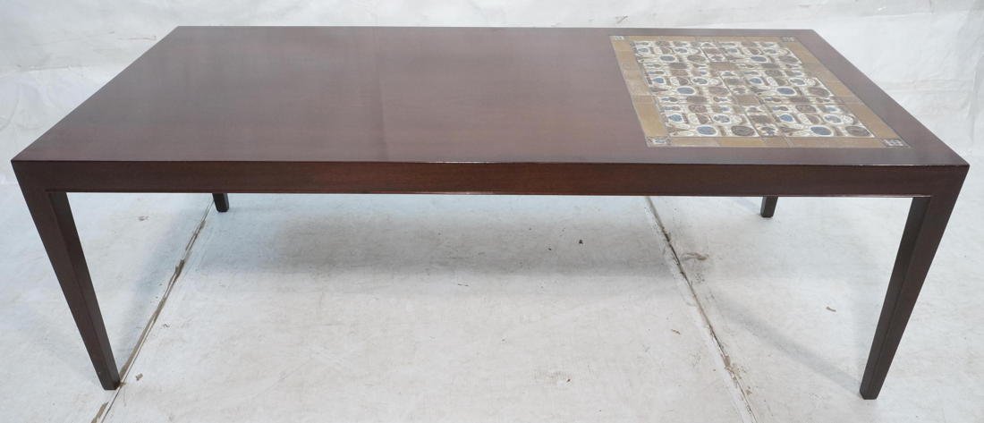 Danish Modern Wood & Mosaic Tile Top Coffee Table: Danish Modern Wood & Mosaic Tile Top Coffee Table. SEVERIN HANSEN Table by Haslev. Royal Copenhagen Tiles. Well marked: KAKLER FRA Royal Copenhagen Danish control sticker. DEN KONGELIGE PORCELAINS FAB