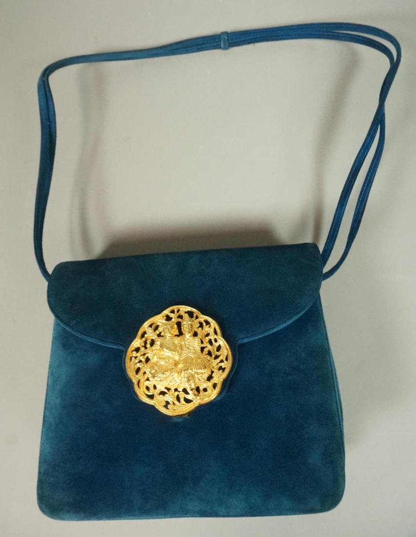 JUDITH LEIBER Blue Suede Handbag Purse. Gold tone: JUDITH LEIBER Blue Suede Handbag Purse. Gold tone clasp with Thai figures. Double marked-- Dimensions: H: 6.5 inches: W: 7.5 inches: D: 3.25 inches --- US Shipping charge: $20