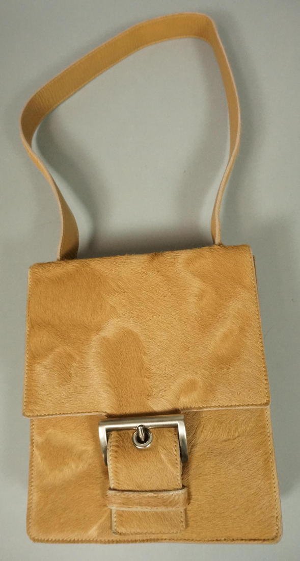 Vintage PRADA Calfskin Purse. Accordion style wit: Vintage PRADA Calfskin Purse. Accordion style with buckle front. Marked. Has Prada storage bag. -- Dimensions: H: 8.5 inches: W: 7 inches: D: 2.5 inches --- US Shipping charge: $20