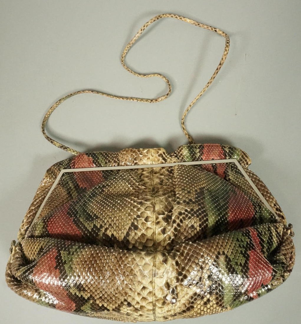 JUDITH LEIBER Snakeskin Purse. Thin self strap. M: JUDITH LEIBER Snakeskin Purse. Thin self strap. Marked.-- Dimensions: H: 7.5 inches: W: 14 inches: D: 5.5 inches --- US Shipping charge: $20