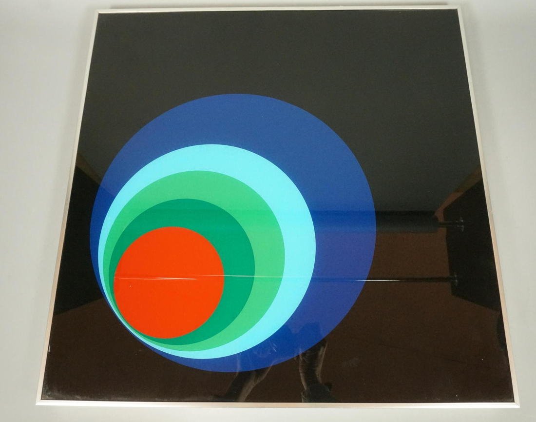 Op Art Graphic Wall Art. Eugenio Carmi style. Nes: Op Art Graphic Wall Art. Eugenio Carmi style. Nesting Circles on Black Ground. Reverse silkscreen on glass. framed. Turner Decorative Wall Accessories. -- Dimensions: H: 24 inches: W: 24 inches: D: 1.