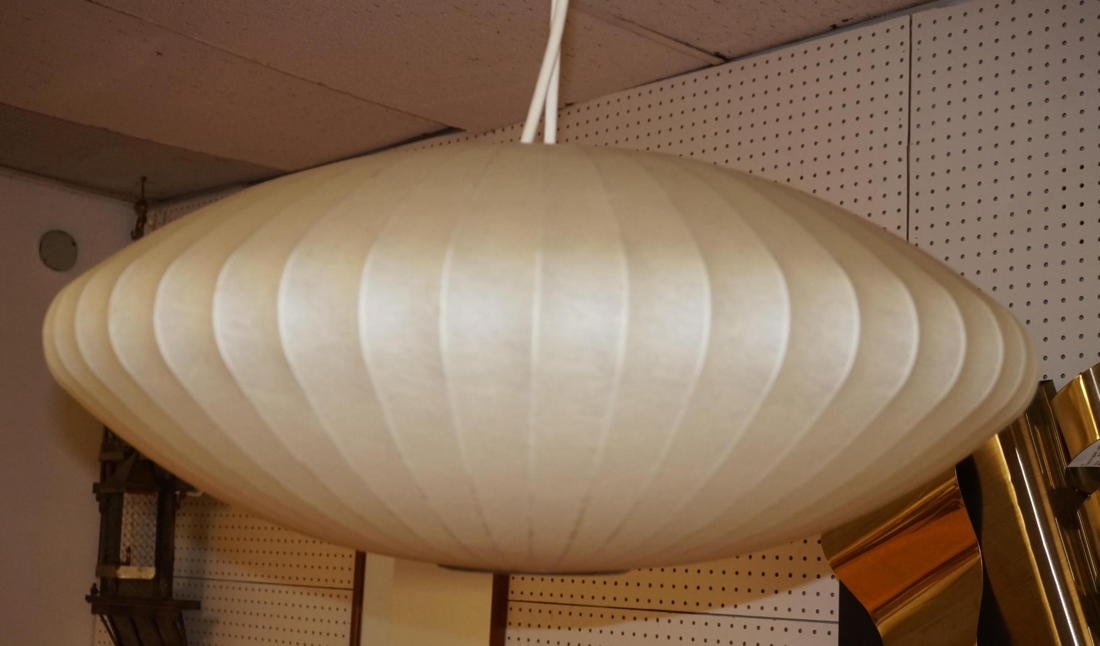 Large GEORGE NELSON designed Hanging Bubble Penda: Large GEORGE NELSON designed Hanging Bubble Pendant Light. Stretched over armature. GOSSAMER Designs. -- Dimensions: H: 10.5 inches: W: 24 inches: D: 24 inches ---