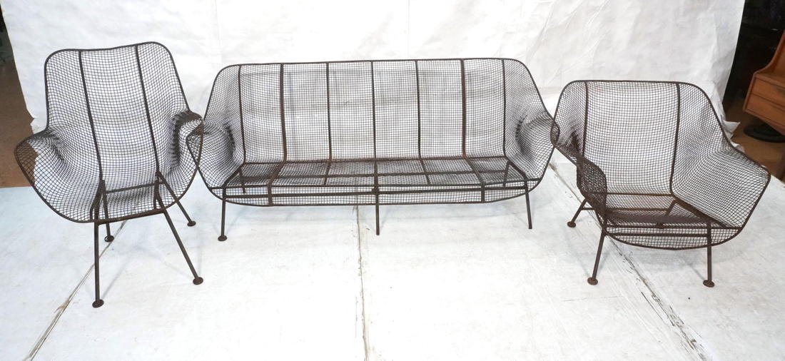 Set 3 RUSSELL WOODARD Open Metal Seating. Sofa Be: Set 3 RUSSELL WOODARD Open Metal Seating. Sofa Bench. Two Chairs: one arm chair; one lounge chair. Outdoor. Patio. Garden-- Dimensions: H: 28 inches: W: 72 inches: D: 28 inches ---
