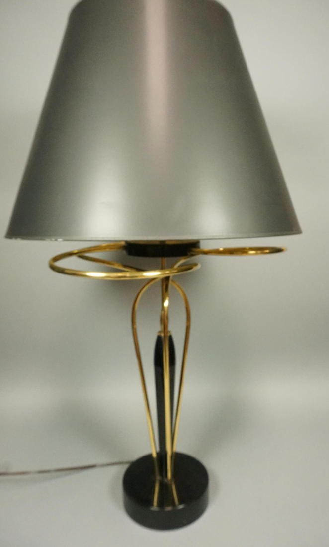 Vintage American Modern Brass & Ebonized Wood Tab: Vintage American Modern Brass & Ebonized Wood Table Lamp. Elegant sweeping brass rods with black enamel paint accents. -- Dimensions: H: 35 inches: W: 20 inches: D: 20 inches ---
