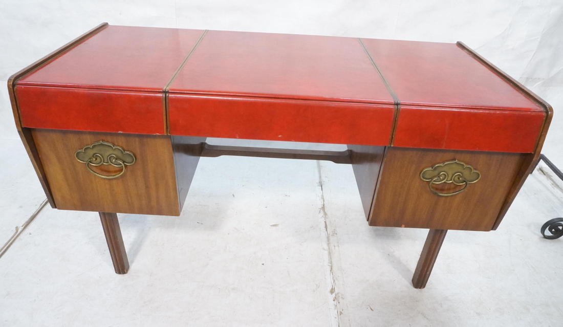 JOHN WIDDICOMB Decorator Desk. Red leather top &: JOHN WIDDICOMB Decorator Desk. Red leather top & drawer details. Brass Asian Hardware. Marked. -- Dimensions: H: 29.5 inches: W: 52 inches: D: 24 inches ---