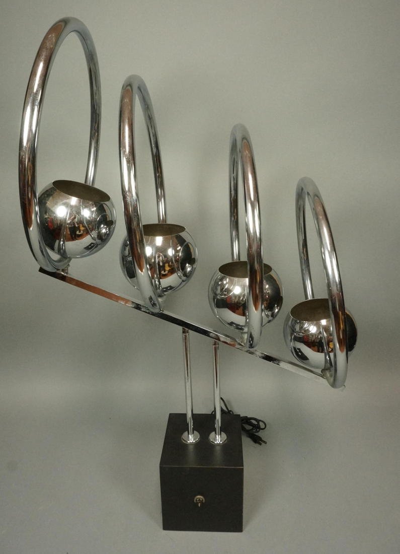 Vintage Modern 70's Chrome Table Lamp. Four Circl: Vintage Modern 70's Chrome Table Lamp. Four Circles with Chrome Ball Shades. Black wood cube base. -- Dimensions: H: 35 inches: W: 14 inches: D: 24 inches ---