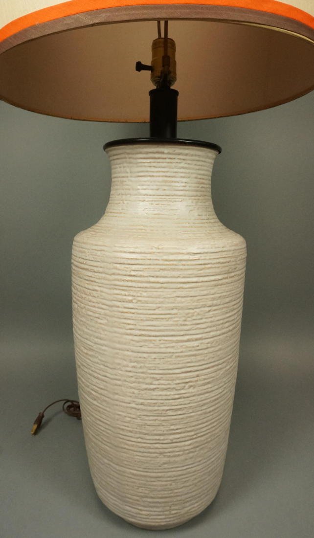 Tall Italian Pottery Table Lamp. White glaze on h: Tall Italian Pottery Table Lamp. White glaze on horizontal ribbed ceramic body. Apparently marked under felt. Possibly Raymor. Ceramic is 20.5"H.-- Dimensions: H: 43 inches ---