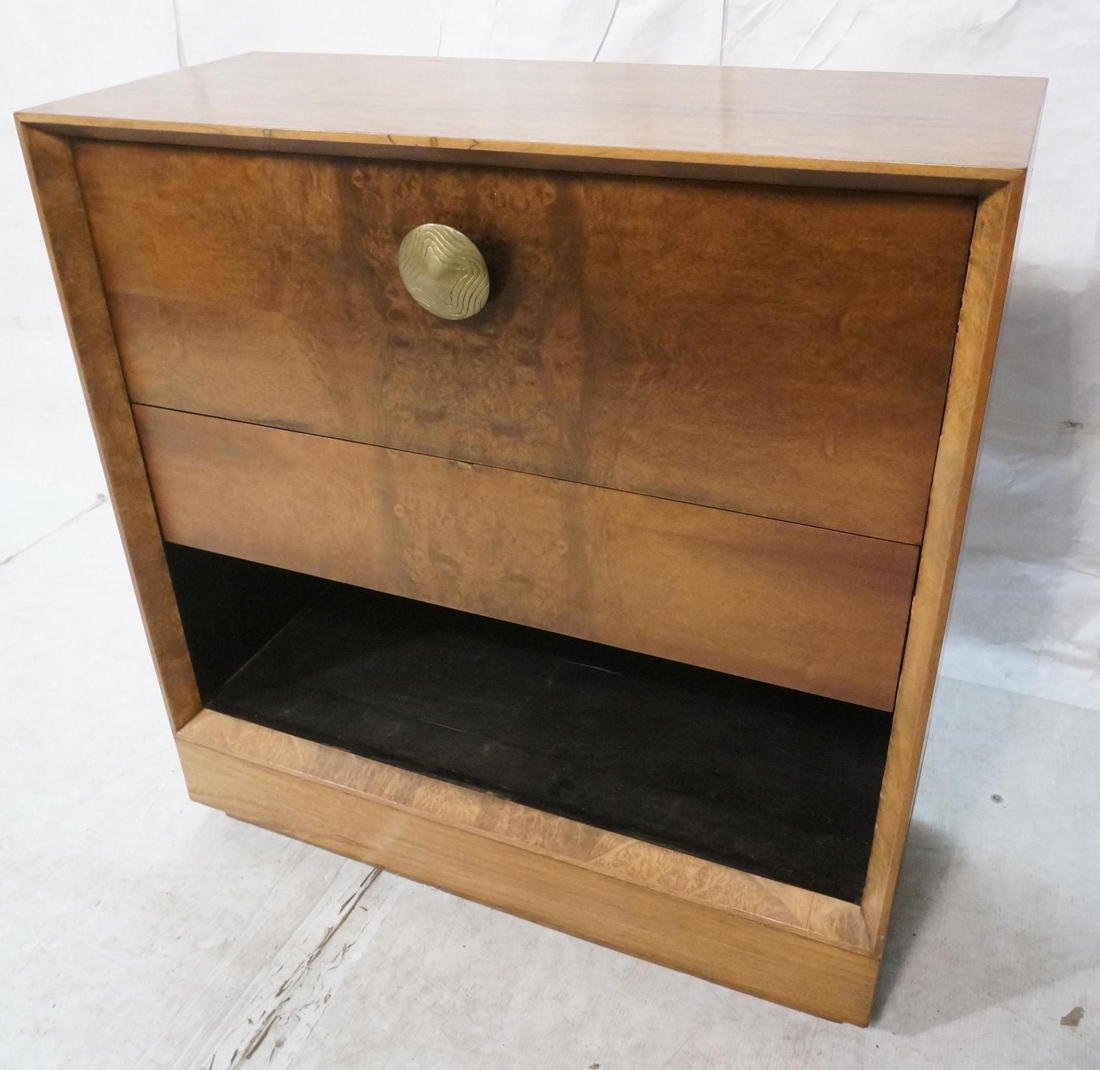 GILBERT ROHDE for HERMAN MILLER Drop Front Desk.: GILBERT ROHDE for HERMAN MILLER Drop Front Desk. Figured Wood Cabinet. Large Brass Knob Pull. Ebonized interior. Lower Drawer & open storage area. -- Dimensions: H: 42 inches: W: 40 inches: D: 17 inch