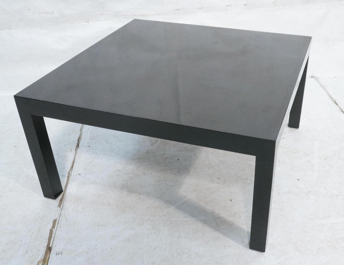 DUNBAR Black Lacquer Square Coffee Table. Square: DUNBAR Black Lacquer Square Coffee Table. Square Column Legs. Ebonized. Metal tag. -- Dimensions: H: 16.25 inches: W: 31.5 inches ---