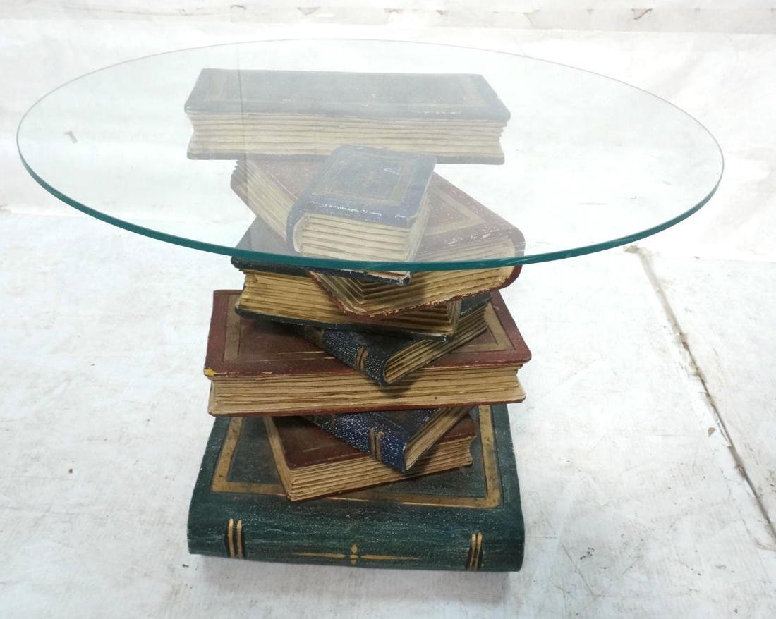Maitland Smith style Stacked Books Carved Wood T: Maitland Smith style Stacked Books Carved Wood Table. Round glass top on side end table. -- Dimensions: H: 17.5 inches: W: 24 inches: D: 24 inches ---