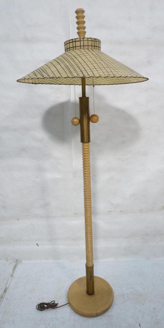RUSSEL WRIGHT style Wood and Brass Vintage Modern: RUSSEL WRIGHT style Wood and Brass Vintage Modern Floor Lamp. Ribbed Column form with brass caps. Period parchment shade and matching finial. Two hanging wood ball pulls. -- Dimensions: H: 63.5 inches