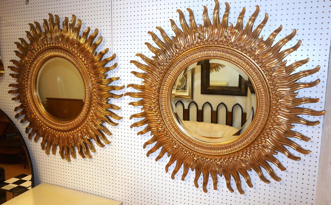 Pr Large LaBARGE Sunburst Gilt Wall Mirrors. Beve: Pr Large LaBARGE Sunburst Gilt Wall Mirrors. Beveled Glass Mirrors. Composite material. Marked.-- Dimensions: H: 44 inches ---