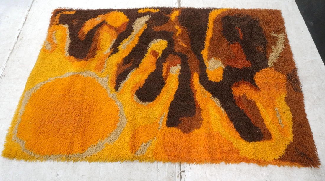 Shag Area Rug Carpet. Orange, Brown & Yellow Abst: Shag Area Rug Carpet. Orange, Brown & Yellow Abstract. Not marked-- Dimensions: : W: 72 inches: D: 48 inches ---