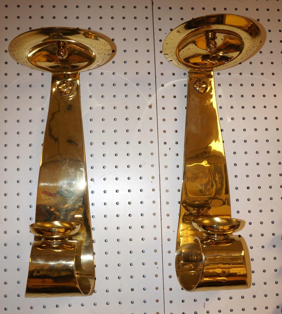 Pr Contemporary Brass Wall Candle Sconces. Flared: Pr Contemporary Brass Wall Candle Sconces. Flared form. -- Dimensions: H: 20 inches: W: 7.5 inches: D: 9.25 inches ---