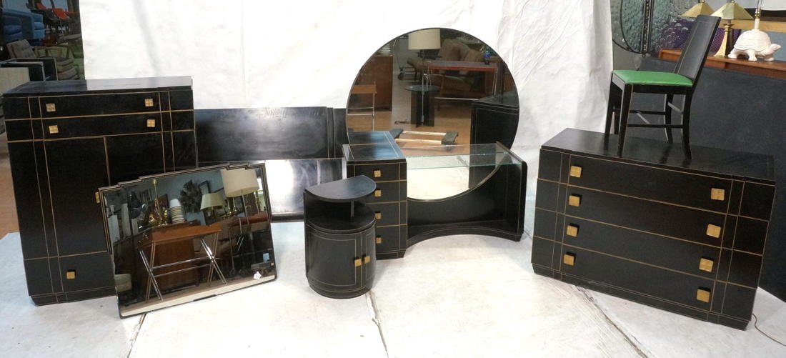 7pc Art Deco Paul Frankl style Skyscraper Bedroom: 7pc Art Deco Paul Frankl style Skyscraper Bedroom Set. Ebonized. 1. Vanity & Round Mirror. 2. Chair/Vanity Seat 3. High Chest. 4. Low Chest with Mirror. 6. Full size Bed with Rails. 7. Night Stand. Bl