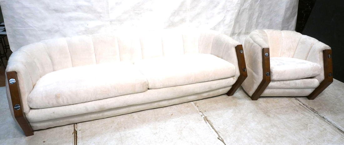 2pc 70's Modern White Plush Upholstered Couch & C: 2pc 70's Modern White Plush Upholstered Couch & Chair. Sofa & Lounge Chair. Wood Arms with large bolt accents. -- Dimensions: H: 26 inches: W: 87 inches: D: 34 inches ---