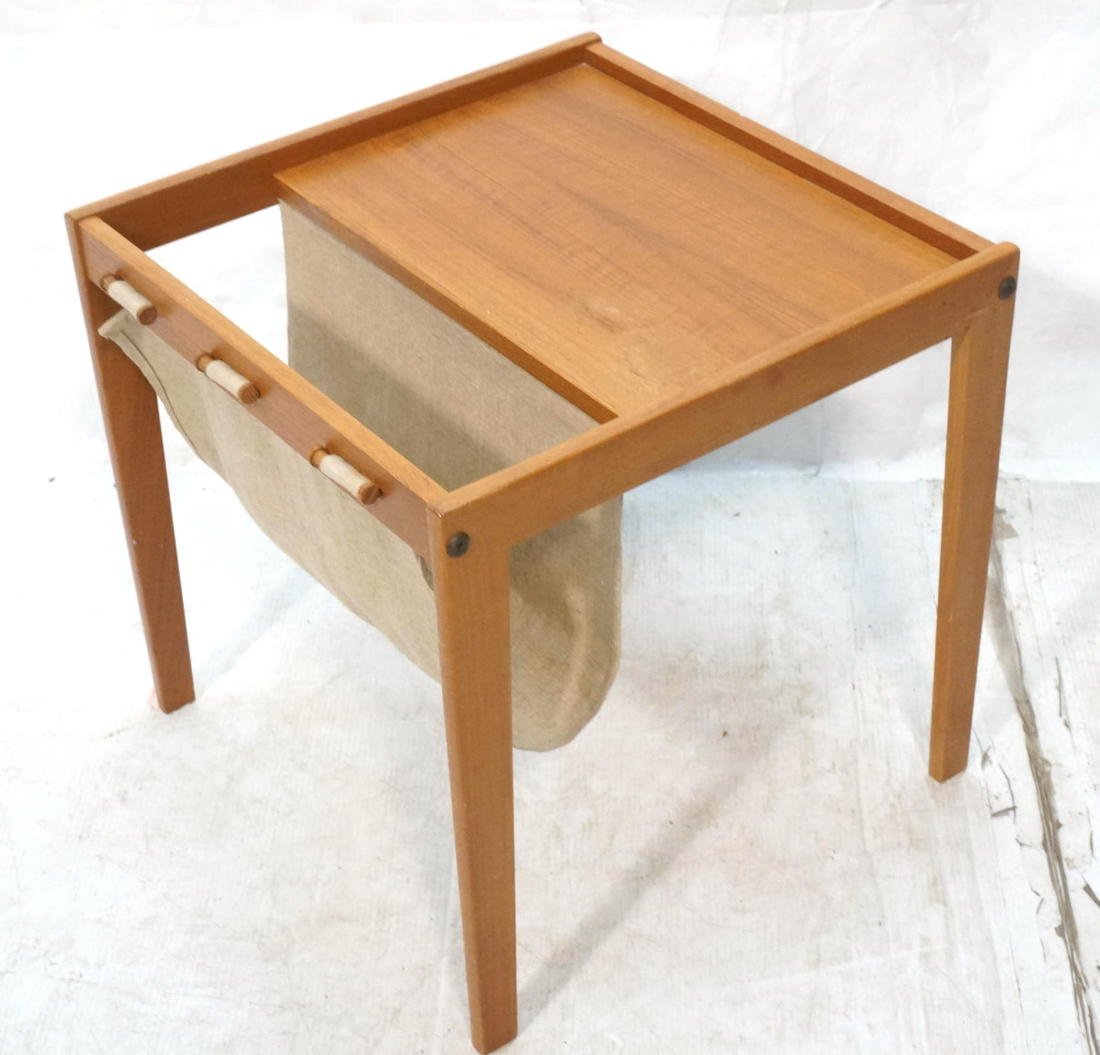 Danish Modern Teak Magazine Table Rack. Fabric sl: Danish Modern Teak Magazine Table Rack. Fabric sling holds magazines. Not marked-- Dimensions: H: 18 inches: W: 18 inches: D: 18 inches ---