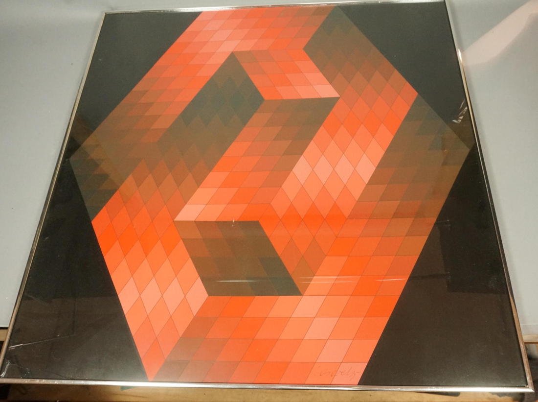 VICTOR VASARELY Lithograph Print. OP ART in Red S: VICTOR VASARELY Lithograph Print. OP ART in Red Shades. Signed. #38/250. Embossed Denise Rene Editeur stamp.-- Dimensions: H: 32 inches: W: 32 inches ---