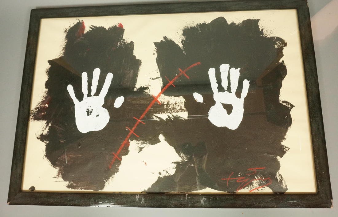 ANTONI TAPIES Acrylic et Crayon Drawing. Hand pri: ANTONI TAPIES Acrylic et Crayon Drawing. Hand prints on black ground. "Manos" Crayon signed. 2001. -- Dimensions: Image Size: H: 21.5 inches: W: 32.5 inches ---