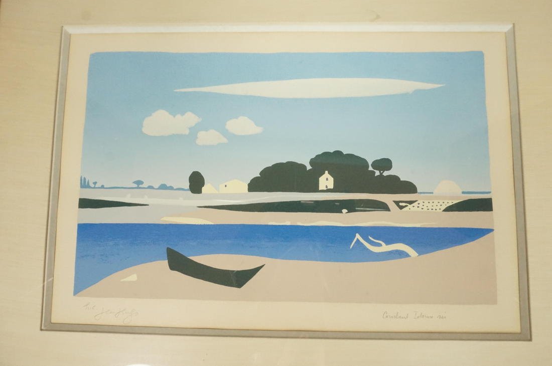 JEAN HUGO Silkscreen Print. Landscape with Water,: JEAN HUGO Silkscreen Print. Landscape with Water, Boat & Trees. "Constant Idoux". Pencil signed.-- Dimensions: Image Size: H: 9.75 inches: W: 15 inches ---