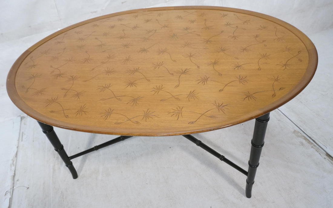 KITTINGER Low Oval Coffee Table. Wood Top on Ebon: KITTINGER Low Oval Coffee Table. Wood Top on Ebonized Faux Bamboo Leg base. Incised Thistledown design Cocktail Table. Kittinger paper label. Metal tag Richard Plumer, Miami-- Dimensions: H: 18 inches