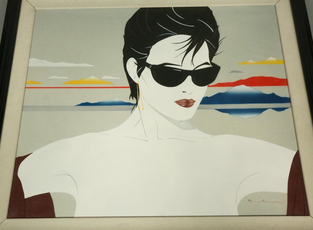 Oil Painting on Canvas. Patrick Nagel style. Sign: Oil Painting on Canvas. Patrick Nagel style. Signed Portrait Woman with Dark Glasses. Signed illegibly-- Dimensions: Image Size: H: 19.5 inches: W: 23.5 inches ---