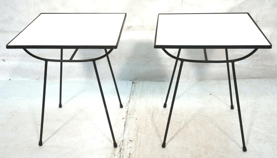 Pr GEORGE NELSON Iron and Vitrolite Glass Side Ta: Pr GEORGE NELSON Iron and Vitrolite Glass Side Tables. Hairpin legs with "U" details. Inset Milk glass tops. -- Dimensions: H: 25 inches: W: 20.5 inches: D: 20.5 inches ---