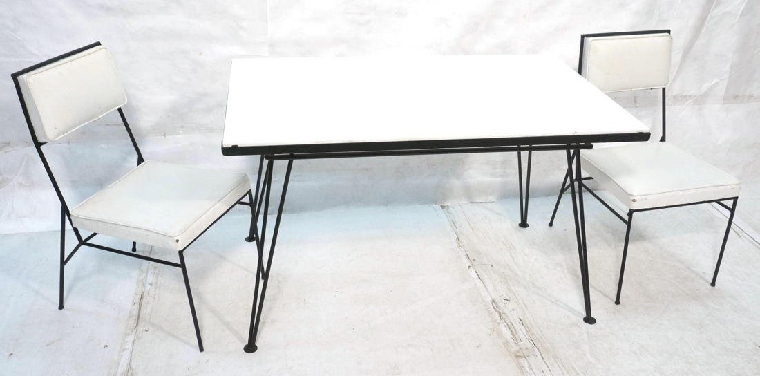 3pc SALTERINI Dining Table & Chairs. Rectangle Di: 3pc SALTERINI Dining Table & Chairs. Rectangle Dining Table with Vitrolite Glass Top. Angled double legs. Two Side Chairs with interesting hairpin iron frame. White vinyl seats.-- Dimensions: H: 29.25