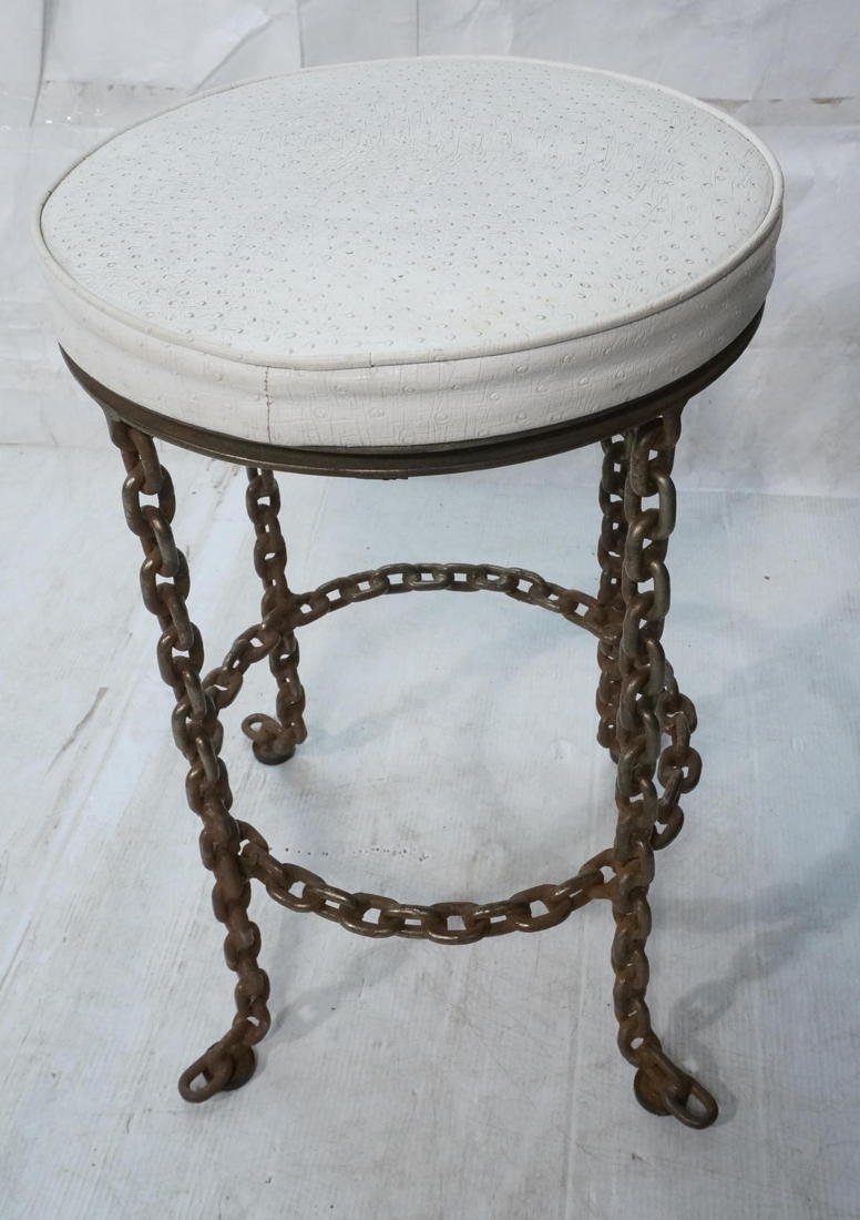 Industrial Metal Chain Link Stool. White faux ost: Industrial Metal Chain Link Stool. White faux ostrich seat cushion. Swivels.-- Dimensions: H: 24.5 inches: W: 16 inches ---