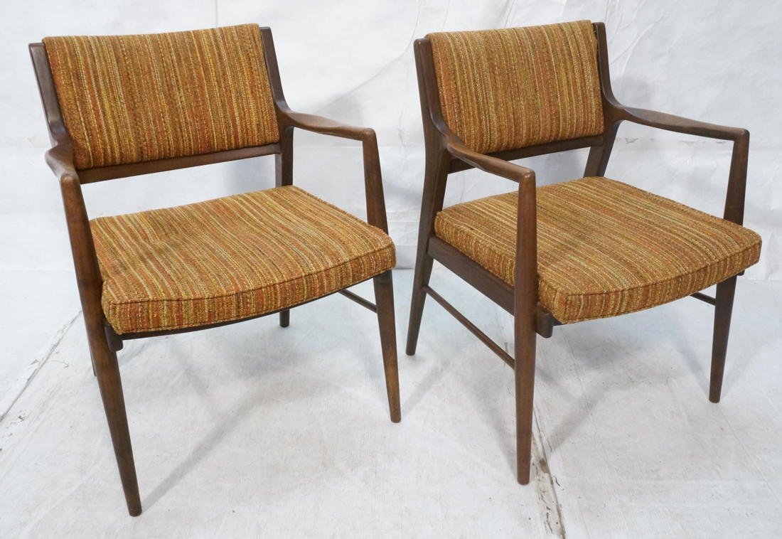 Pr American Modern Walnut Arm Lounge Chairs. Sha: Pr American Modern Walnut Arm Lounge Chairs. Shaped arms. Striped gold, orange brown fabric. -- Dimensions: H: 32 inches: W: 23.5 inches: D: 22 inches ---