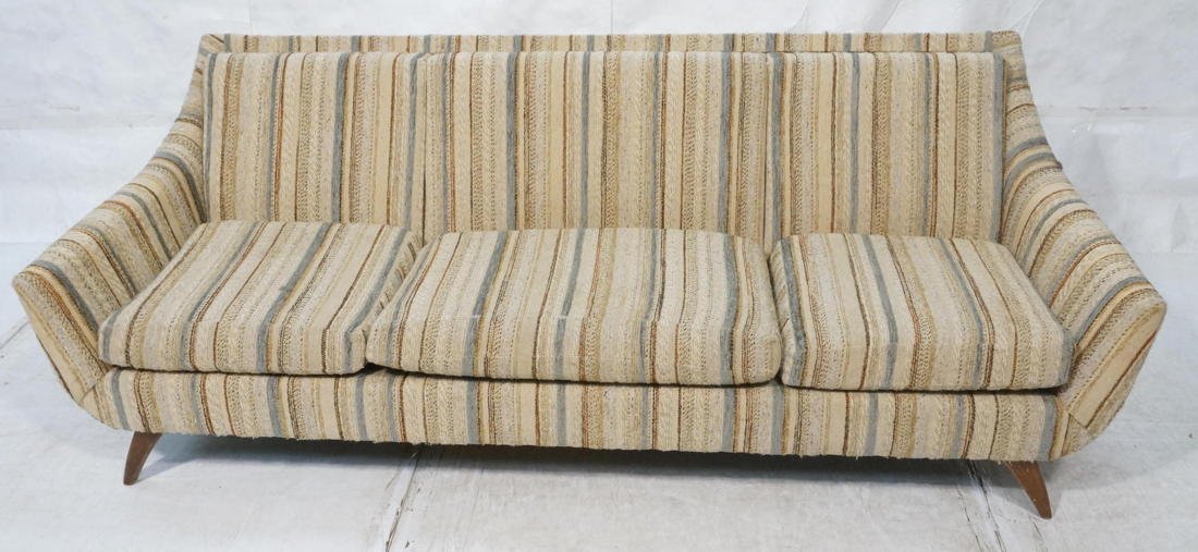 American Modern Pearsall style Sofa Couch. Fabri: American Modern Pearsall style Sofa Couch. Fabric Upholstered frame with sloped arms. Arched walnut legs.-- Dimensions: H: 30.5 inches: W: 79 inches: D: 36 inches ---