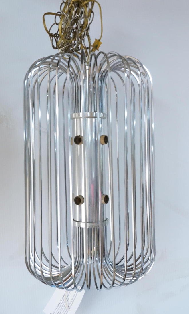 SCIOLARI 8 Light Chrome Hanging Pendant Light Cha: SCIOLARI 8 Light Chrome Hanging Pendant Light Chandelier. Thin square rod cage around center column with eight light sockets. Made by Lightolier. Not marked-- Dimensions: H: 19.5 inches: W: 12 inches: