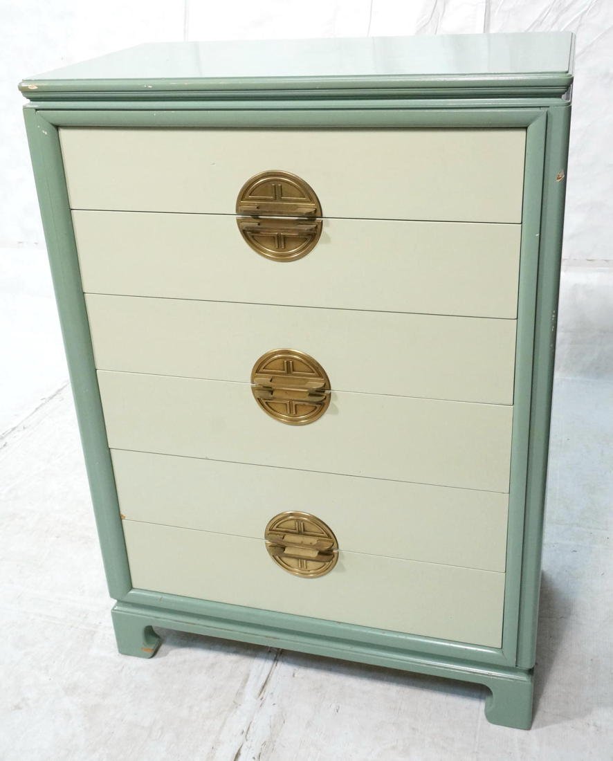 KITTINGER Asian Modern Dresser. Six drawer chest: KITTINGER Asian Modern Dresser. Six drawer chest with original green paint finish. Large decorative Asian brass hardware/pulls.-- Dimensions: H: 50.75 inches: W: 36 inches: D: 20 inches ---