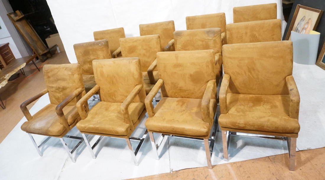 Set 12 Milo Baughman Style Suede Arm Chairs. Wid: Set 12 Milo Baughman Style Suede Arm Chairs. Wide Flat Chrome Bases. -- Dimensions: H: 38.5 inches: W: 24.5 inches: D: 23.5 inches ---