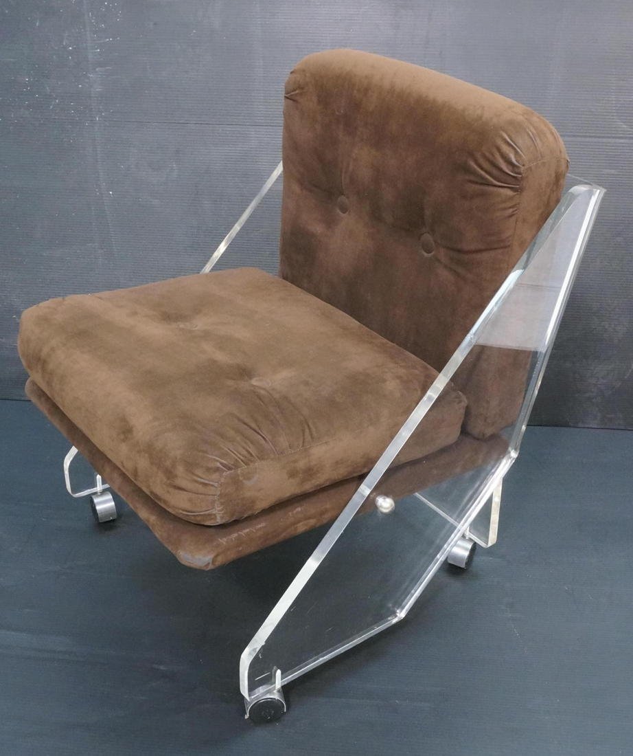 HILL Manufacturing Lucite Side Lounge Chair. Luci: HILL Manufacturing Lucite Side Lounge Chair. Lucite frame on casters. Brown fabric upholstery. -- Dimensions: H: 27.5 inches: W: 23 inches: D: 26.5 inches ---