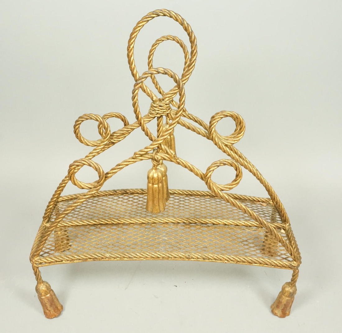 Decorative Gilt Iron Italian Magazine Rack. Tasse: Decorative Gilt Iron Italian Magazine Rack. Tassel details.-- Dimensions: H: 20 inches: W: 1818.5.05 inches: D: 8.5 inches ---