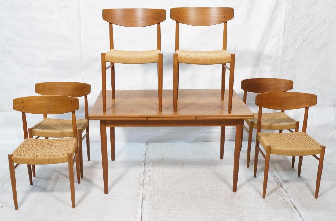 Danish Modern Teak Dining Table 6 Chairs. Refract: Danish Modern Teak Dining Table 6 Chairs. Refractory Table. Chairs have woven seats on tapered peg legs. Table is 81" lone with leaves extended. Table marked Denmark-- Dimensions: H: 28.75 inches: W: