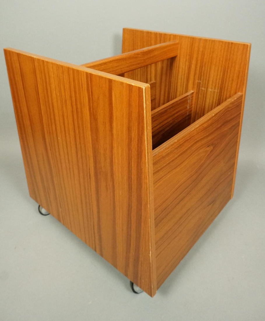 BRUKSBO Norway Teak Rolling Magazine Rack. Modern: BRUKSBO Norway Teak Rolling Magazine Rack. Modern two part cabinet on wheels. Label-- Dimensions: H: 17 inches: W: 13.75 inches: D: 16 inches ---
