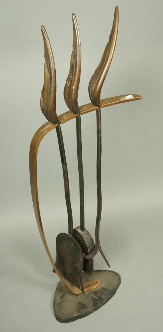 4pc set Fireplace Tools. Brass frame with 3 black: 4pc set Fireplace Tools. Brass frame with 3 black iron tools. -- Dimensions: H: 32.5 inches: W: 12 inches: D: 6 inches ---