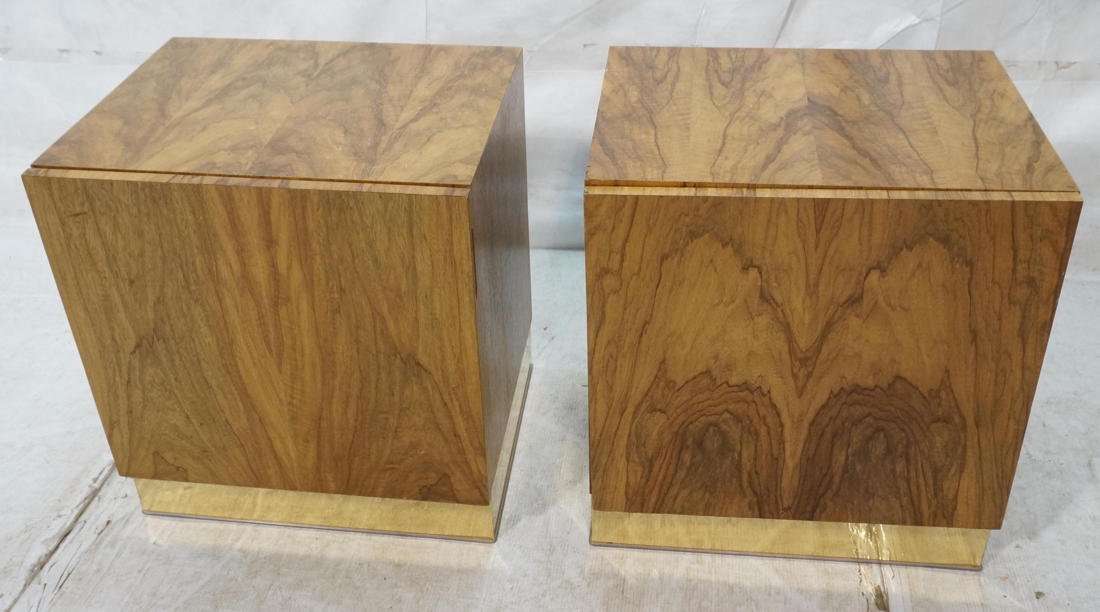 Pr THAYER COGGIN Cube Form Night Stands End Table: Pr THAYER COGGIN Cube Form Night Stands End Tables. Milo Baughman. Nice grain wood. Interior cabinet with single ebonized drawer. Label -- Dimensions: H: 24 inches: W: 22 inches: D: 18 inches ---