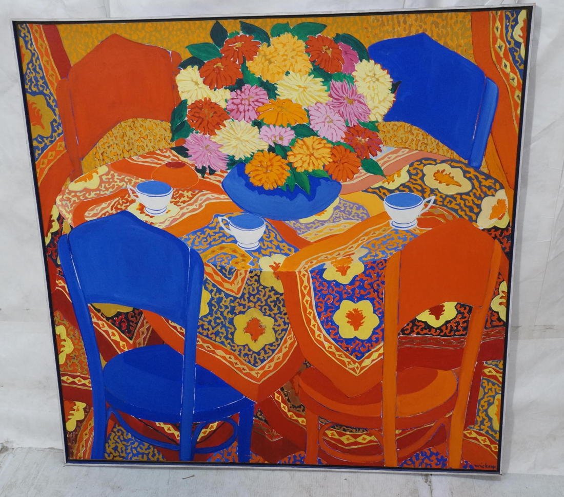 WICKEY Large Oil Painting. Matisse style. Tea Tim: WICKEY Large Oil Painting. Matisse style. Tea Time with red yellow & blue cloths. Signed-- Dimensions: H: 47 inches: W: 47 inches ---