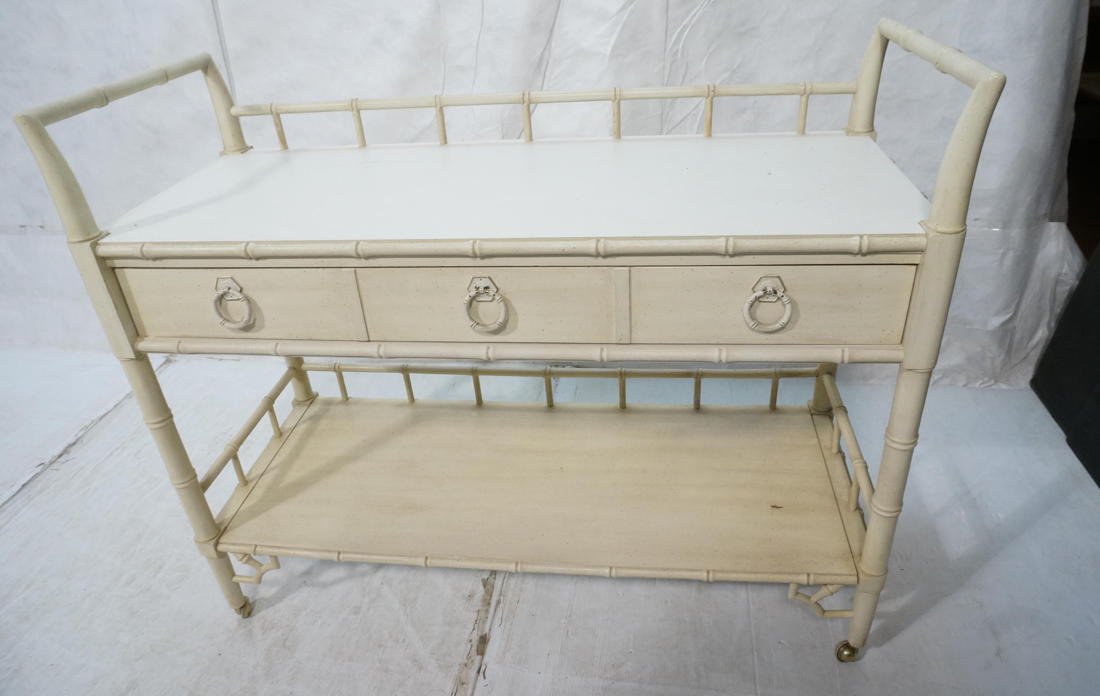 Thomasville Faux Bamboo Rolling Tea Cart Server.: Thomasville Faux Bamboo Rolling Tea Cart Server. Brass pulls & casters. One long drawer. -- Dimensions: H: 37 inches: W: 44.5 inches: D: 18 inches ---