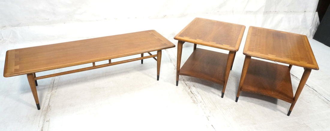 3pc LANE Tables. Coffee & 2 End Tables. American: 3pc LANE Tables. Coffee & 2 End Tables. American Modern with dovetailed details. Brass foot caps. Model 2763150, 461704; Style # 900 01. 900 05-- Dimensions: H: 14.5 inches: W: 54 inches: D: 19 inches