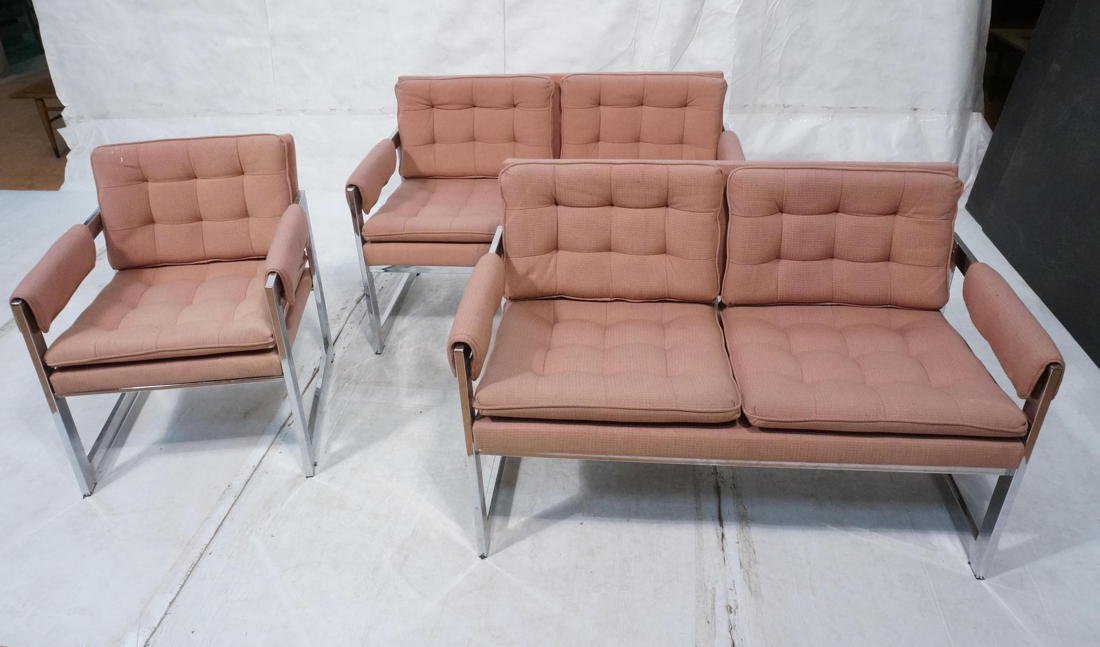 3pc Milo Baughman style Seating. Pr Love Seats &: 3pc Milo Baughman style Seating. Pr Love Seats & Lounge Chair. Wide Chrome Frames. Punk fabric tufted cushions and padded arms. -- Dimensions: H: 29.25 inches: W: 47.5 inches: D: 26 inches ---