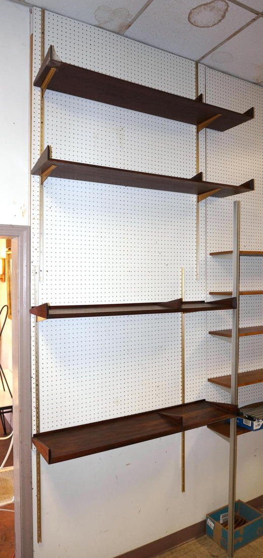 Set 4 GIO PONTI style Wood Wall Shelves. Nicely g: Set 4 GIO PONTI style Wood Wall Shelves. Nicely grained walnut with beveled & angled shelves with dividers. Two 48" & two 54" shelves-- Dimensions: H: 3 inches: D: 12.75 inches ---