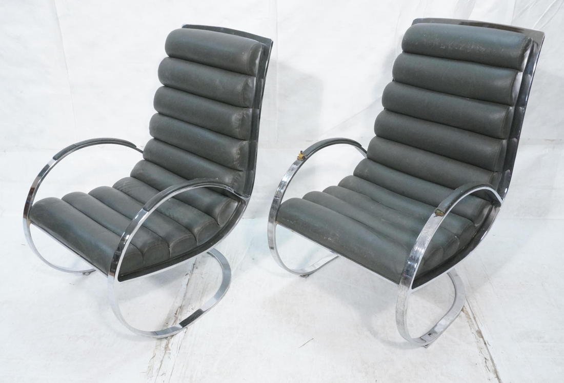 Pr Chrome Rocking Lounge Chairs. Heavy solid chro: Pr Chrome Rocking Lounge Chairs. Heavy solid chrome frames with channel tufted leather seats & backs. Italian style-- Dimensions: H: 42 inches: W: 26.25 inches: D: 30 inches ---