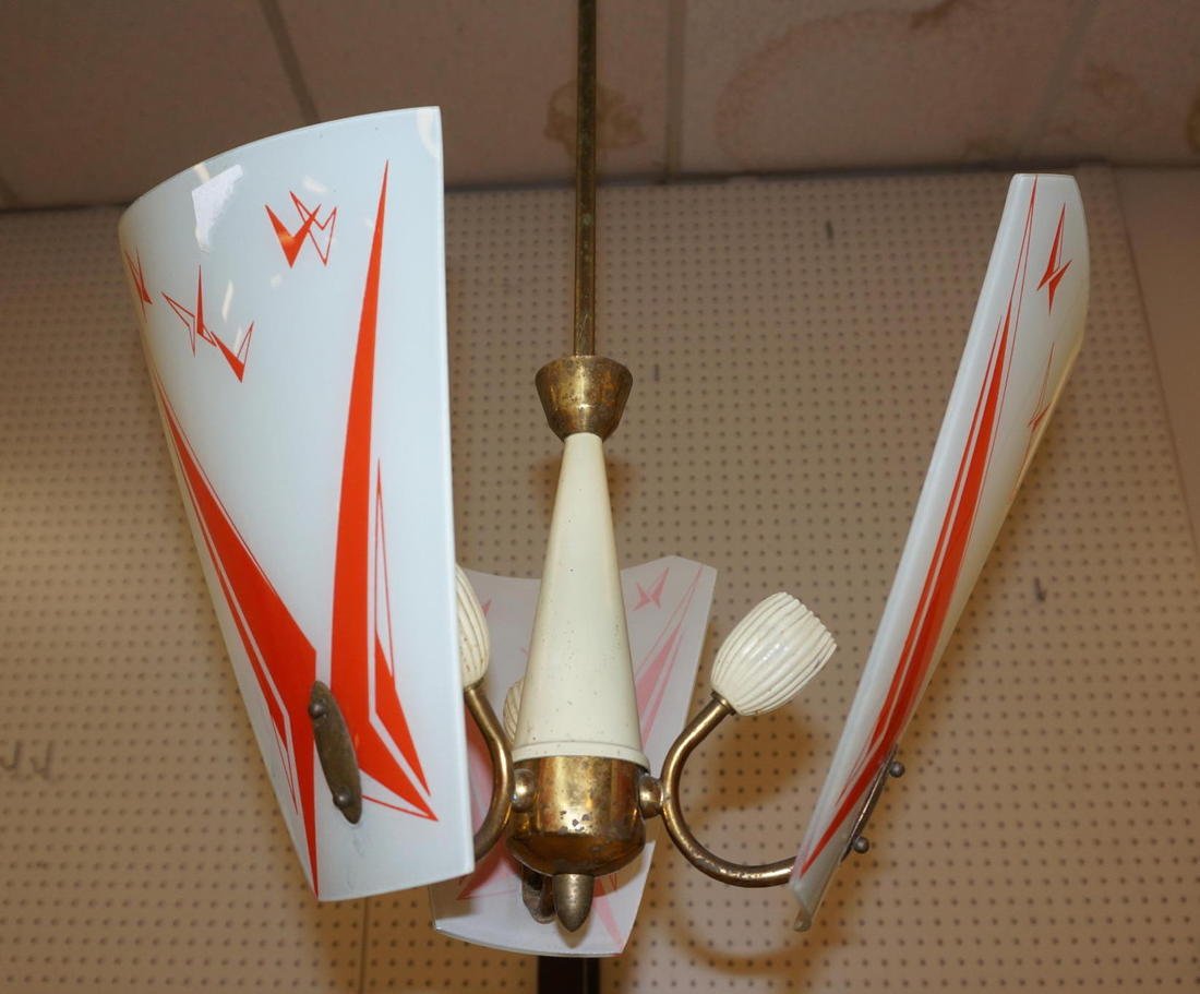 Art Deco Hanging Pendant Light Fixture. Three arm: Art Deco Hanging Pendant Light Fixture. Three arms. Three shaped frosted glass panels with red silkscreened "wing" design. Brass body -- Dimensions: H: 32 inches: W: 18 inches: D: 18 inches ---
