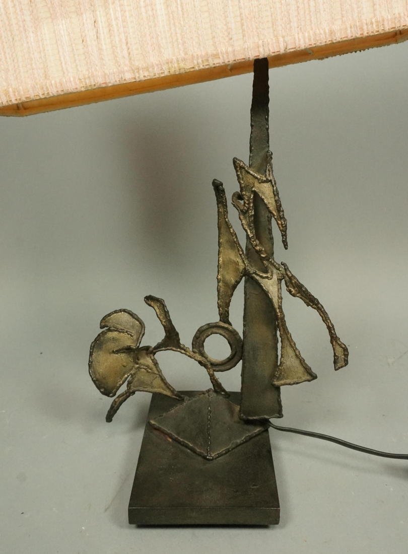 Brutalist Welded Metal Table Lamp. Pink fabric sh: Brutalist Welded Metal Table Lamp. Pink fabric shade-- Dimensions: H: 20 inches: W: 13 inches: D: 6 inches ---