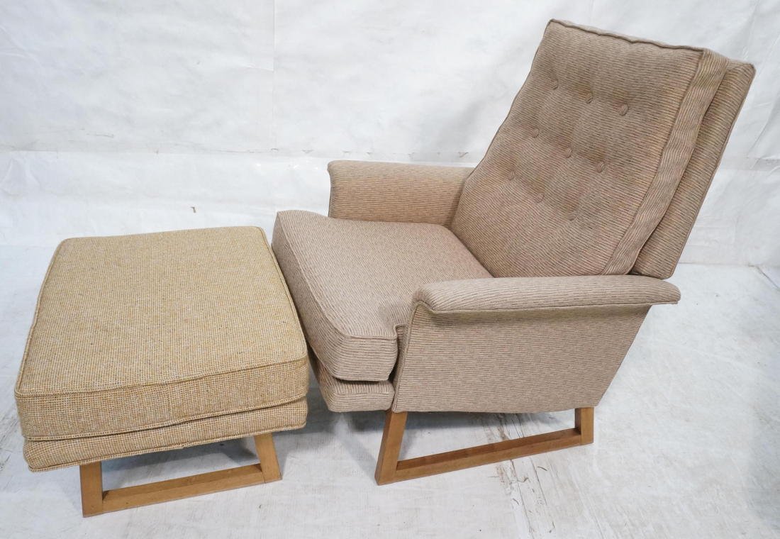Tall Back Flared Arm Lounge Chair & Ottoman. Brow: Tall Back Flared Arm Lounge Chair & Ottoman. Brown tweed fabric tufted cushions. Square wood open "U" leg base. Not marked-- Dimensions: H: 38 inches: W: 34 inches: D: 36 inches ---